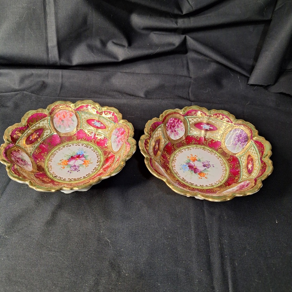 Vintage Japanese Porcelain Floral Bowls Cranberry Gold Moriage Set - 2 Scalloped